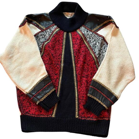 Nannell Vintage Turtleneck Knit Sweater Red Black Cream Leather Trim L - Picture 1 of 7